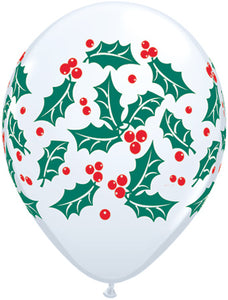 11" Holly & Berries White Balloons(6 count)